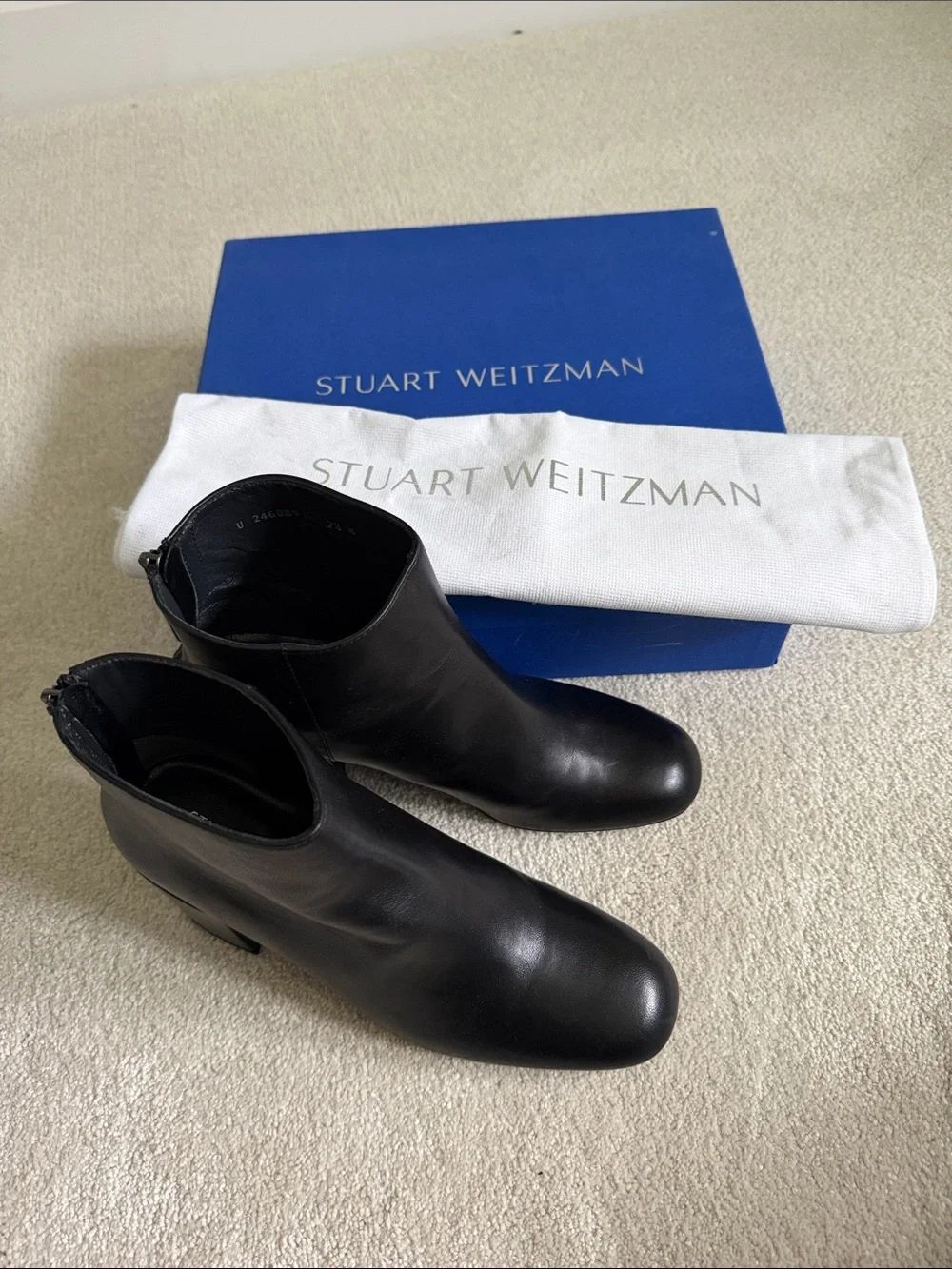Stuart Weitzman Bacari Zip Black Leather Mid-Heel Ankle Booties